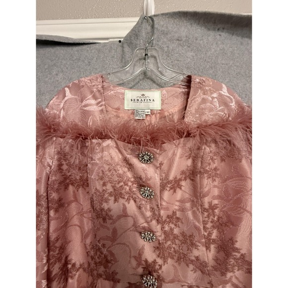 Serafina Jacket Womens 12 Pink Floral Jacquard Faux Fur Rhinestone Button Peplum - Picture 2 of 16